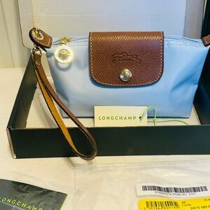 Longchamp Light Blue and Brown Wristlet